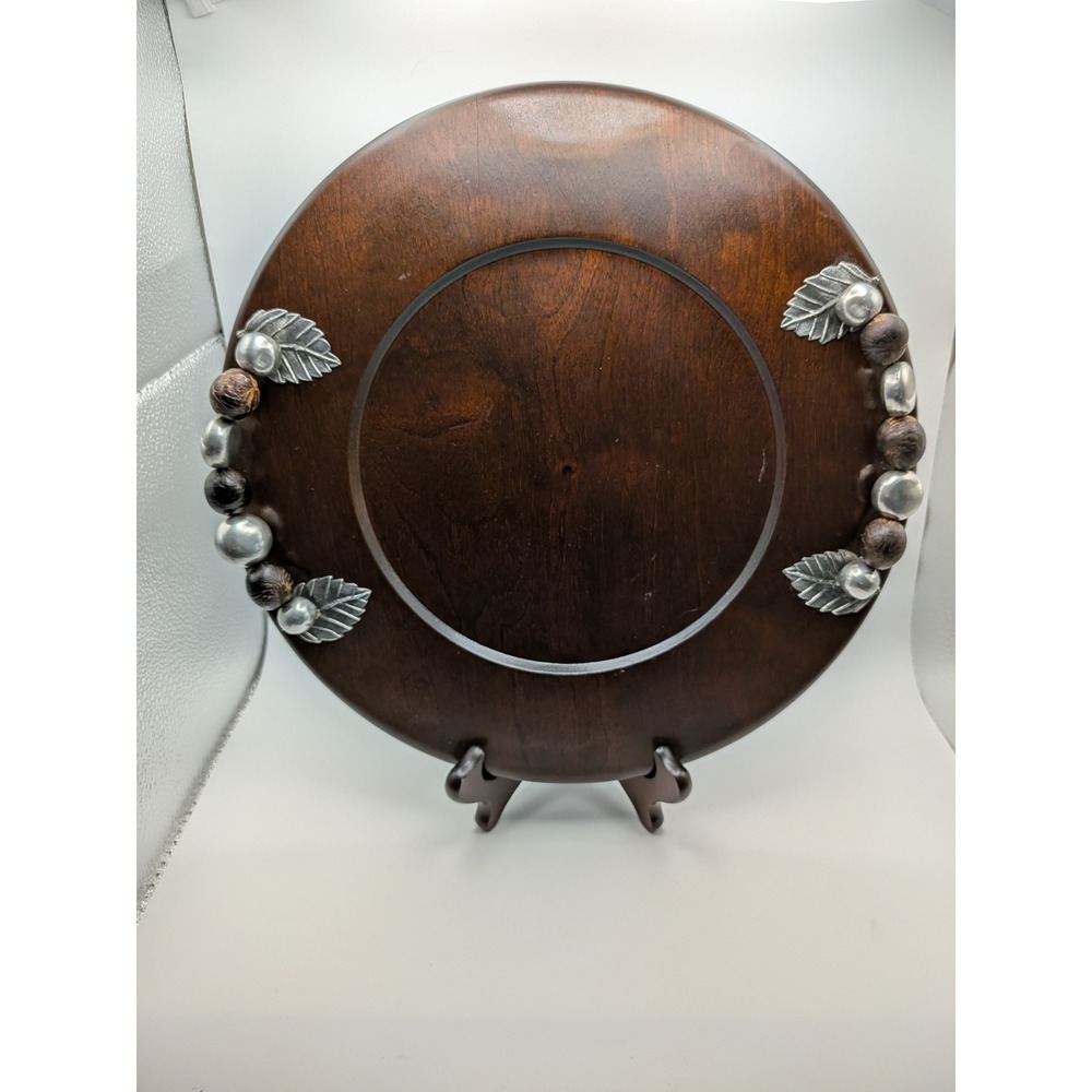 Bolivian Handcrafted Wood Charger Plate Pewter Leaf Bead Accents 11.75" Bolivia